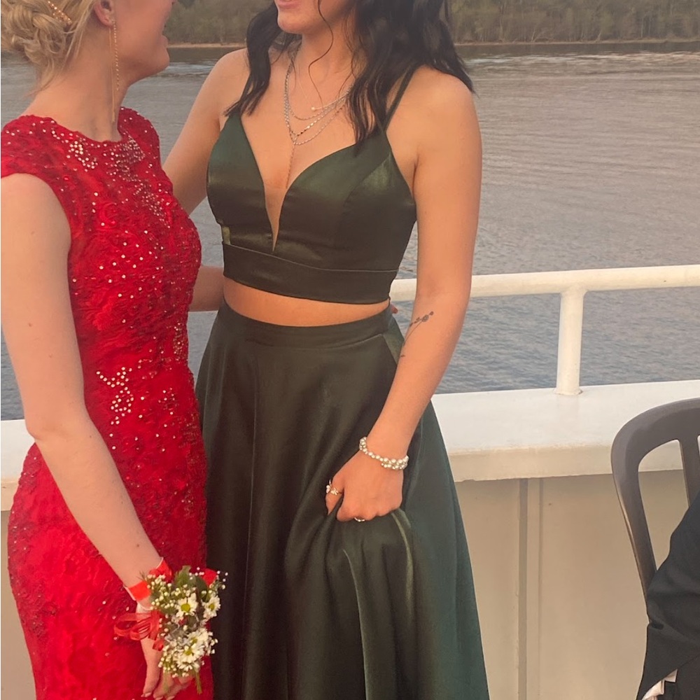 Dark green two piece corset prom dress